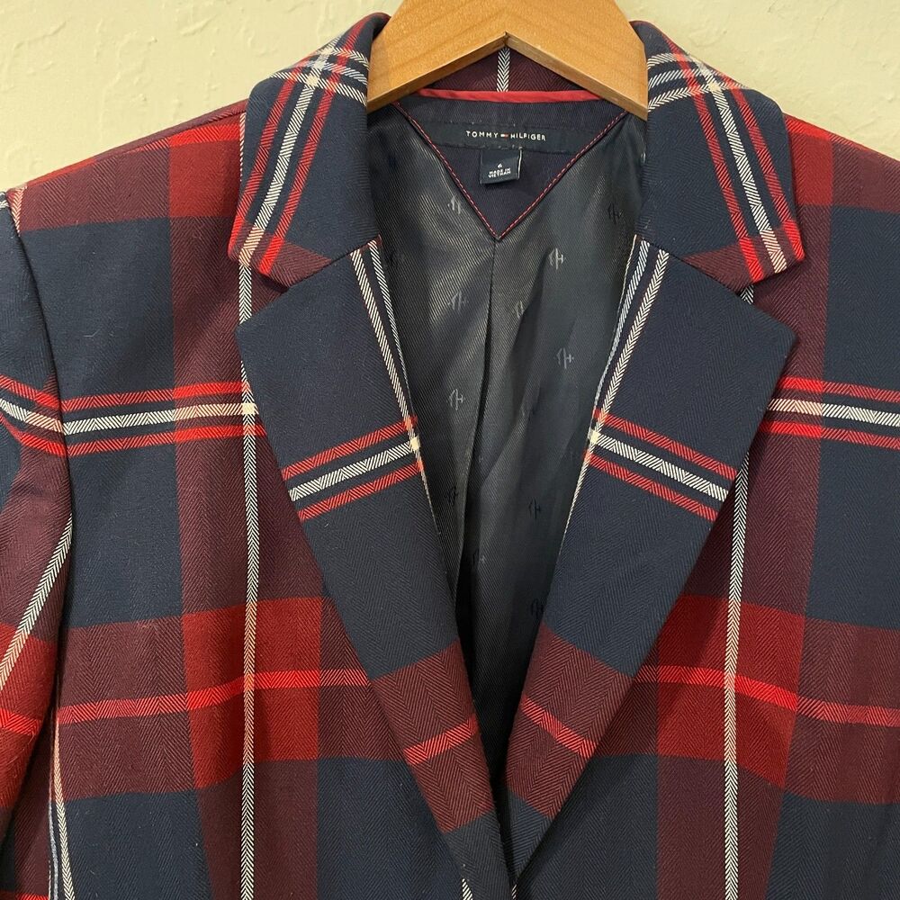 ~ Tommy Hilfiger Preppy 6 Plaid Blazer Navy Blue Red Academia Jacket Collegiate